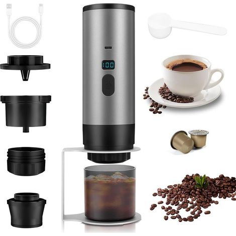 3-in-1 tragbare Kaffeemaschine, 72-Watt-Gerät, wiederaufladbar (12 V), USB-Kapsel-Espressomaschine, 90-ml-Wassertank, ideal für Büro, Camping, Auto und Reisen (1/5)