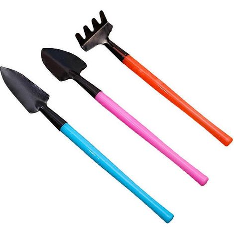 Ensemble de 3 outils de jardinage : pelle, petit râteau et truelle. Mini outils de jardinage colorés pour plantes d'intérieur. (1/5)