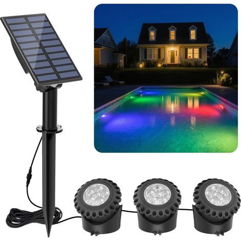 Set mit 3 T-SUN Solar-Teichleuchten (RGB, Farbwechsel) mit je 6 LEDs, wasserdicht nach IP68. Ideal für Teiche, Wasserfälle, Aquarien, Gärten, Höfe, Schwimmbäder oder Springbrunnen. (1/5)