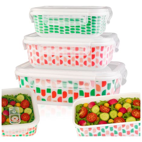 Set di 3 contenitori rettangolari in vetro (capacità 400, 650, 1000 ml) verdi e rosa