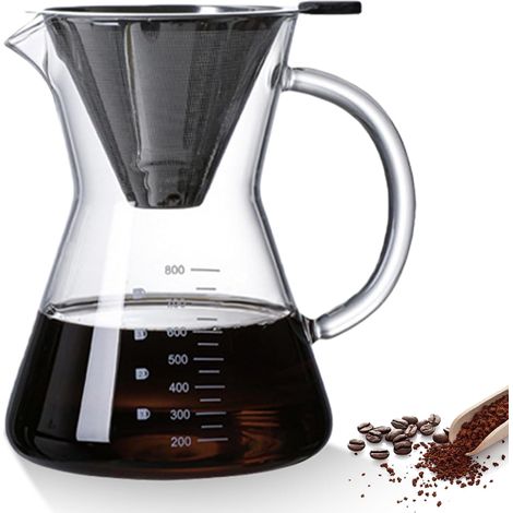 Cafetière à Filtre manuel, Carafe en Verre Borosilicate de 800 ml avec Filtre Double Couche en Acier Inoxydable, Cafetière à Filtre avec Poignée, Cafetière en verre pour un café aromatique (1/5)