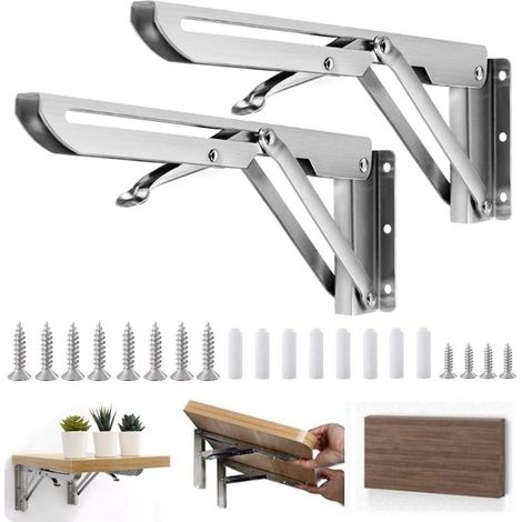 Soporte de estante plegable de 300 mm, 2 soportes de consola plegable de acero inoxidable 304, soporte de estante de pared plegable con tornillos de fijación para garaje, cocina, jardín (1/4)