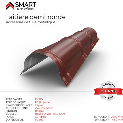 Bravo The Smart Solution – Faîtière demi ronde en bac acier – Coloris rouge oxyde RAL 3009 – Longueur 2m, épaisseur 0.50mm – Accessoire toiture métallique (1/2)