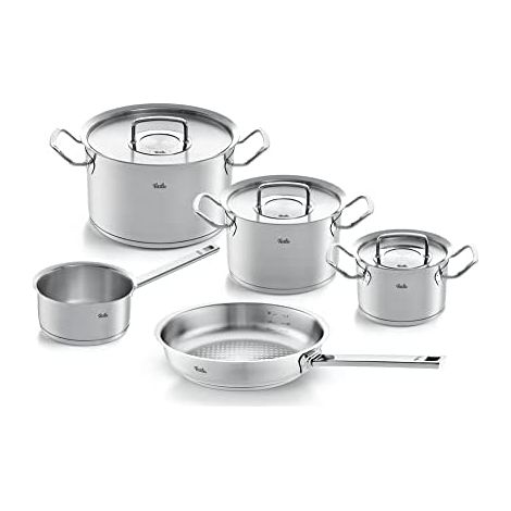 Fissler Original,Profi Collection Set di pentole in acciaio nox, 5 pezzi, con coperchio in metallo, 3 pentole, 1 padella senza rivestimento, 1 tegame senza coperchio, adatte per cottura a induzione (1/5)