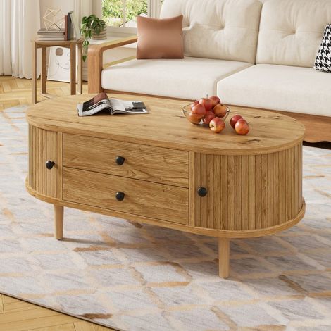 Table basse ovale en bois - 100x50x40cm - Design lattes verticales avec 2 tiroirs et portes coulissantes - Moderne - Chêne (1/5)