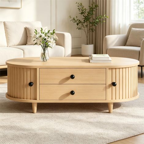 Table basse ronde à volet roulant, table basse double tiroir en bois clair, table d'appoint, table de salon en MDF, table basse avec pieds en bois massif, dimensions : 100 × 50 × 36 cm, charge maximal (1/5)