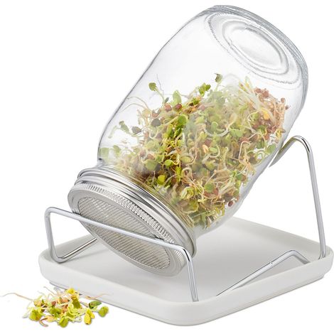 Relaxdays Sprout Jar, with Stand & Ceramic Bowl, Sprouting Glass, 850 ml, Plant Case, for Seed Cultivation, Transparent