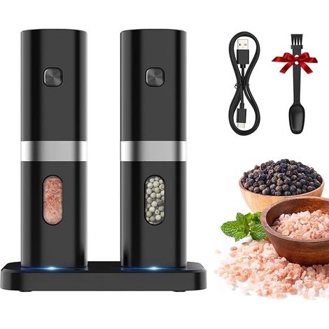 Moulin à Poivre Électrique, Ensemble de Moulins à Sel et Poivre Rechargeable, Broyeur Automatique sans Pile avec Base de Charge, Finesse Réglable, Lumière LED Bleue, Lot de 2 (1/5)
