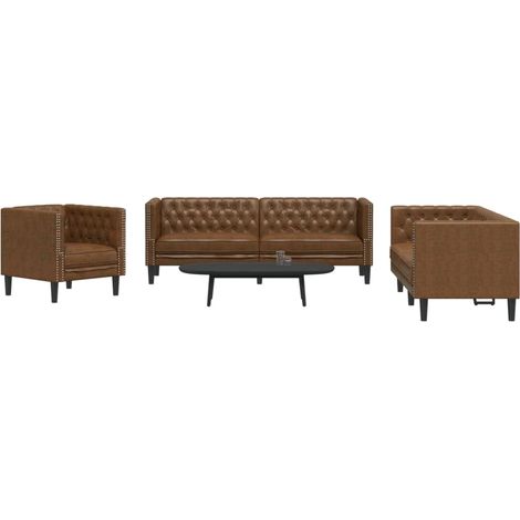 3-tlg. Chesterfield-Sofa-Set Braun Kunstleder Wildleder-Optik (1/5)