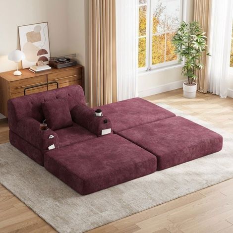 Lit banquette 107x162x81cm en velours côtelé rouge - Canapé Convertible - Avec pouf, 4 poches, 2 porte-gobelets, haut dossier, relax (1/5)
