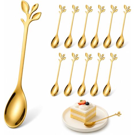 12 Pièces Petite Cuillère à Dessert en Acier Inoxydable, Mini Cuillere Design Feuille Branche 12 cm, Cuillère à Café Expresso Réutilisable pour Thé, Lait, Dessert, Cuisine et Café (1/5)