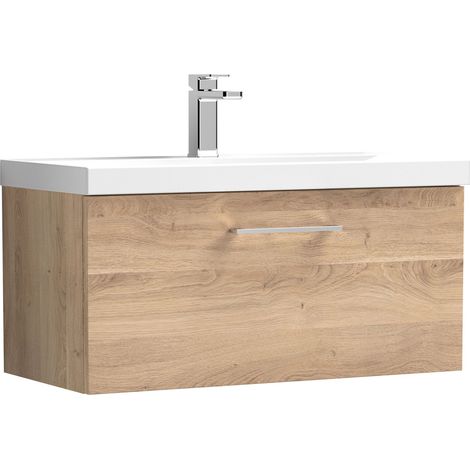 Nuie Arno Bleached Oak Woodgrain 800mm Wall Hung Single Drawer Vanity Unit and Thin Edge Ceramic Basin - ARN3025D
