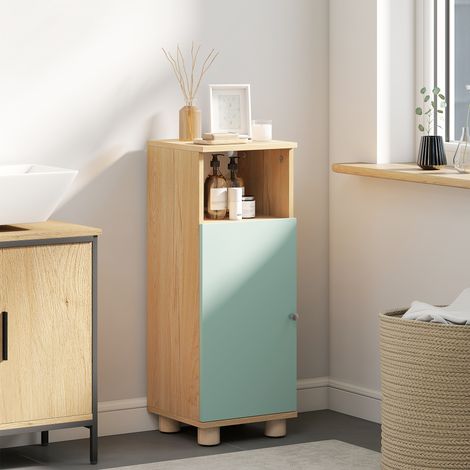 Meuble de salle de bain. meuble de rangement étroit avec placard à porte et compartiment ouvert. 30x30x80cm. vert