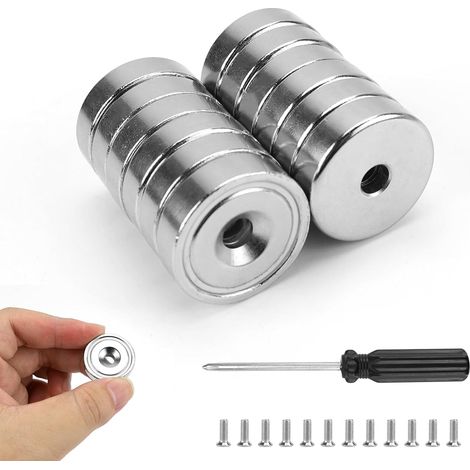 Lot de 12 aimants en néodyme extra puissants - 25 mm - 20 kg de force - Avec trou et 12 vis - Aimant rond pour tableau magnétique et pot - Outils de cuisine - Clé (A) (1/5)