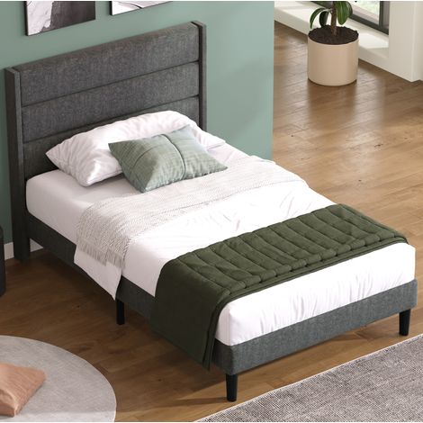 CHICFURN Cama individual 90x200 cm de lino gris con cabecero y somier de láminas, sin colchón (1/5)
