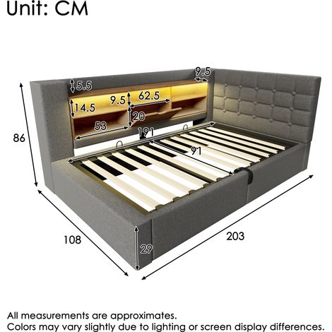 Lit simple rembourré 90x190 cm avec éclairage LED, rangement hydraulique, tête de lit en forme de L avec rangement, montage possible des deux côtés, sommier à lattes, tissu lin, gris (sans matelas) (1/4)