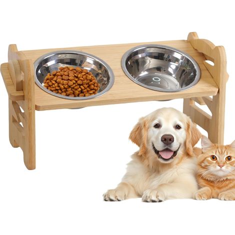 1 Gamelle surélevée, Support bois ajustable, 2 Bols acier inoxydable, Pour chiens et chats (1/5)