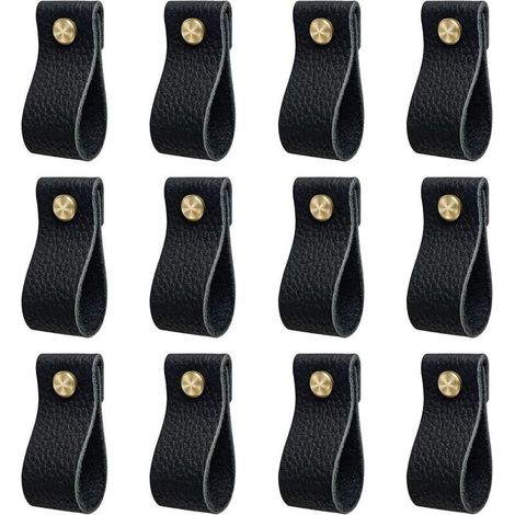 Poignee de meuble cuisine, lot de 12 poignée meuble en cuir, poignée de porte avec écrous vis, anti-collision bouton de porte de armoire tiroir commodes, Beau cadeau, noir (1/5)