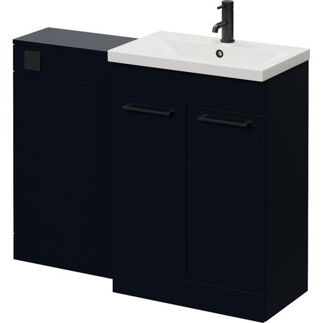Napoli 390 Deep Blue 1100mm 2 Door Vanity Unit Toilet Suite with Glide Basin - 1100mm - Matt Black 160mm HandleWithout Kingston Toilet Pan