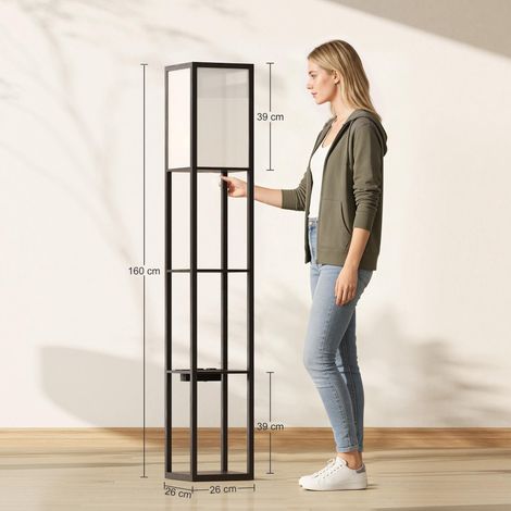 Lampadaire avec étagères, éclairage à intensité variable, interrupteur au pied et ports USB, noir (1/5)