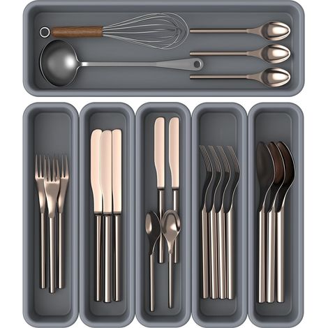 Cutlery Tray for Drawer, DIY Cutlery Storage, Silicone Cutlery Storage Drawer Kitchen, Set of 6, Moisture and Heat Resistant up to 200°C, Non-Slip (Grey) (1/5)