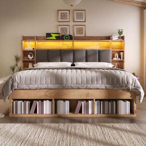 lit adulte 160x200 cm en bois marron avec LED, USB et rangements intégrés (1/5)