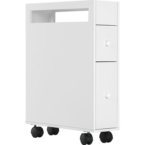 Mueble auxiliar de baño estrecho con ruedas, 2 cajones y estante abierto, blanco, 16x49,5x66 cm (1/5)