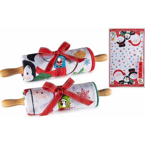 Set regalo natalizio da cucina con mattarello in legno e silicone con motivi natalizi in rilievo, set da 2 pezzi, Asciugapiatti: cm 38 x 64 H
