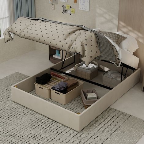 Cadre lit minimaliste 140 x 200, en velours, avec matelas, beige, 140 x 200 cm, pour maison et usage quotidien, sans tête de lit ni matelas-Mi