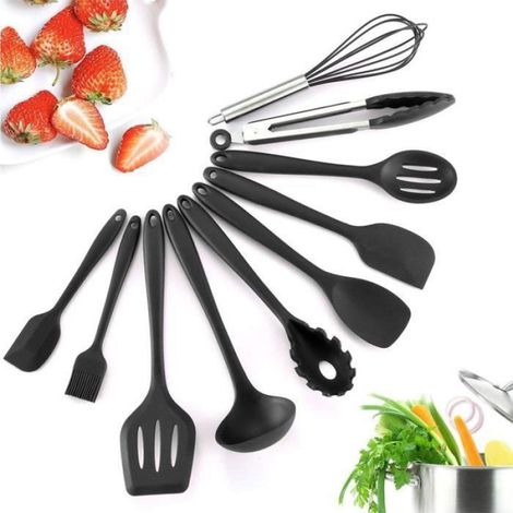 Lot de 10 ustensiles de Cuisine en Silicone - Résistants à la Chaleur Pinces de Cuisine antiadhésives, Fouet, Spatule Pi Étiquette (1/4)