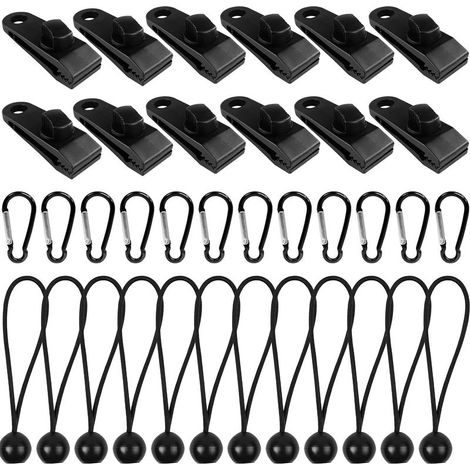 EASYCOMFORT Lot de 36 Pièces Fixation Bâche : 12 Pinces Verrouillage Robustes, 12 Cordes Élastiques Nylon Tente, 12 Mousquetons - Kit Complet pour Auvent, Abri, Bannière et Couverture (1/5)
