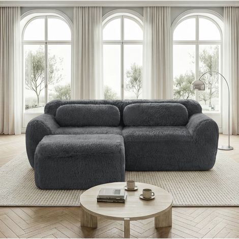 Divano angolare modulare 2 posti grigio in tessuto peluche con cuscini, senza montaggio (1/5)