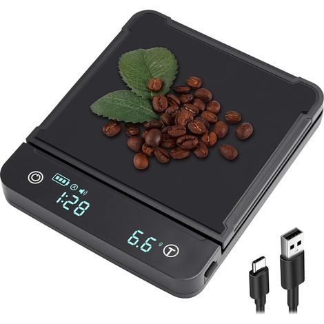 Balance à café numérique avec minuterie et écran LED (0,3 g à 3 kg) – Rechargeable, précision de 0,3 g, comprend un câble USB-C, idéal pour le café filtre et l'expresso