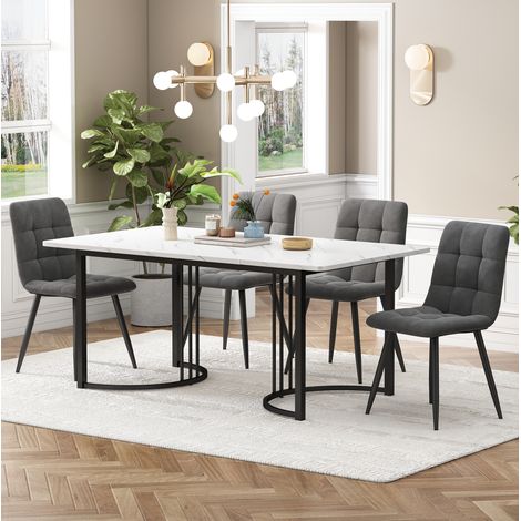 Essgruppe (5-tlg),Esstisch mit 4 Stühlen Set, Moderner Küchentisch Set , 140×80cm Küchentisch mit Schwarz Metallbeinen, MDF Tischplatte in Weißer,Dunkelgrau Samt Esszimmerstühle (1/5)