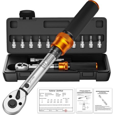 Clé Dynamométrique Vélo 13 Pièces 3-25NM, jeu de cle dynamometrique 1/4", boîte à cliquet incluse avec tige d'extension 10 cm, douille hexagonale et douille Torx, pour Moto y vélo Route et de Montagne (1/5)