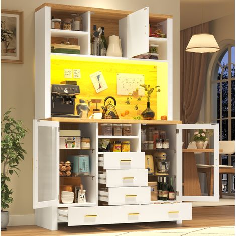 Buffet 120x40x180 cm blanc et décor bois en MDF et verre avec LED et rangement (1/5)