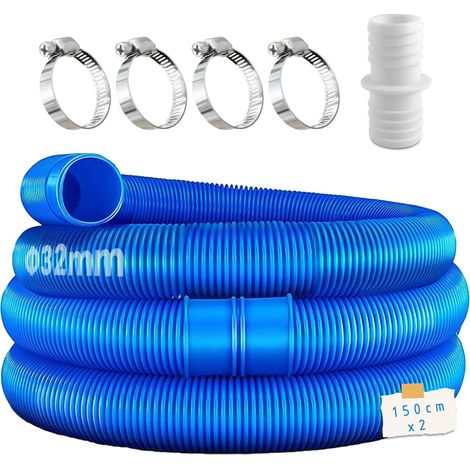Lot de 2 tuyaux de piscine bleus (32 mm) avec 4 clips de sécurité et 1 raccord – pour pompes de filtre, nettoyeurs et chauffages de piscine (1/5)