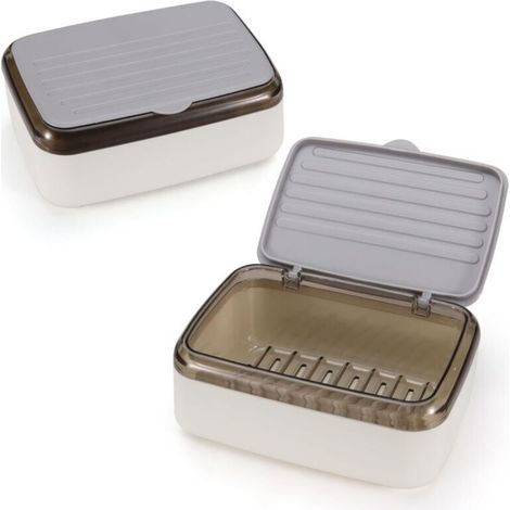 Paquet de 2 porte-savon avec bac de drainage et couvercle, 2 couches amovible grande boîte à savon étanche pour douche salle de bain lavabo gris