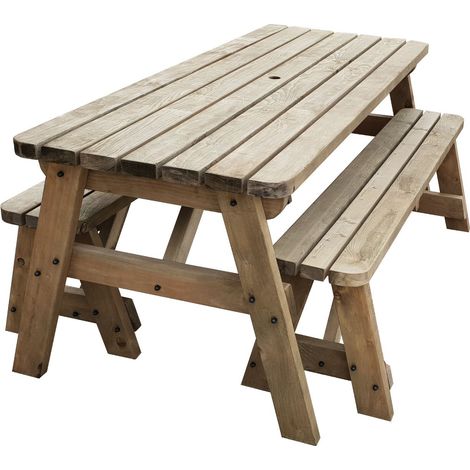 6ft (180cm) Picnic table and bench set, rustic brown finish, Victoria compact rounded corners