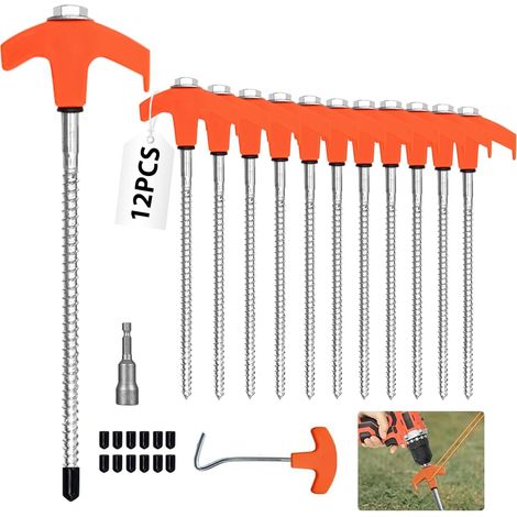 12 Pièces Piquets de Tente à Visser 20cm avec Foreur Hexagonal, Piquet en Acier avec Filetage, Sardines Camping Robustes pour Sol Dur, Jardin, Randonnée