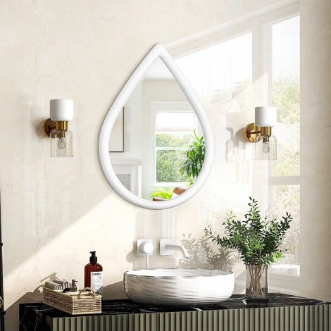 Petit Miroir Mural Blanc de Salle de Bain Rustique en Forme de Goutte d'eau avec Cadre en Bois, Miroir décoratif Unique pour Chambre à Coucher, entrée, Salon (1/5)