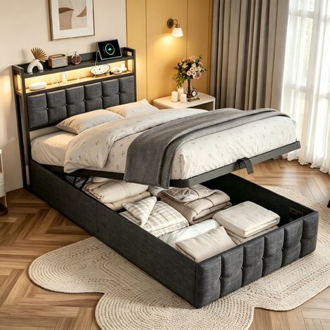 Lit coffre 90x200 avec LED et USB/Type C, Lit rembourré 1 Personne avec barre de maintien pour matelas, lit simple, cadre de lit avec tête de lit rangement, Gris, lin, Matelas non compris, MDF (1/5)
