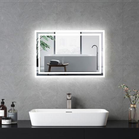 EMKE Miroir salle de bains avec Interrupteur à bouton, Anti-buée, Lumière Blanche Froide/Chaude 60x40 cm