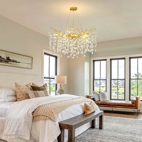 Moderne Haengeleuchte Gold 100 cm Kristall Pendellampe mit E14 Fassung und K9 Kristallen hoehenverstellbar bis 120 cm elegante Deckenlampe fuer Esszimmer
