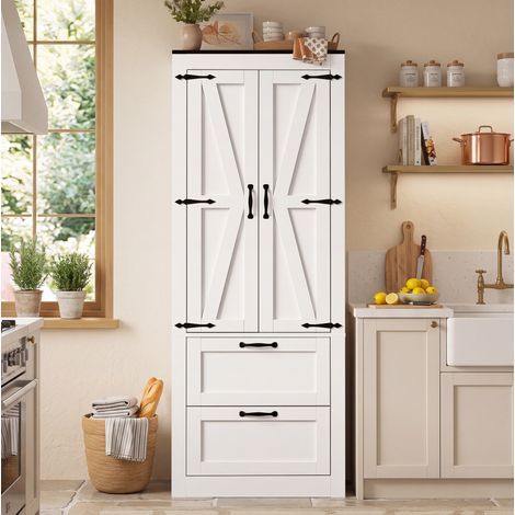 Armario alto de cocina 60 x 30 x 168 cm, 2 puertas, 2 cajones, estantes regulables, MDF blanco (1/5)