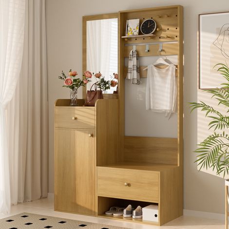 Meuble d'entrée avec 2 Tiroirs, 1 Placard et Étagères, avec Miroir et Crochets Réglables, Style Moderne, en Panneau de particules, Bois, 105×38×180 cm