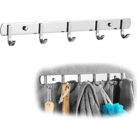 Patère murale en acier inoxydable avec 5 crochets - Pour cuisine, chambre à coucher, salle de bain - Argenté - 35.8 cm (1/5)