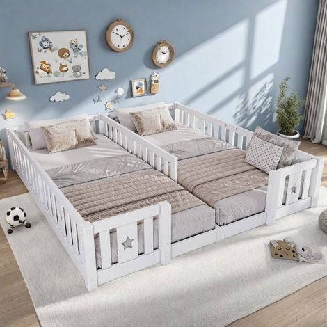 Bett Kind 90x200 cm, Bett Mädchen, Doppelbett für Jugendliche 180x200 cm, Einzelbettgestell aus Holz, 2 Personen, ohne Lattenrost, weiß