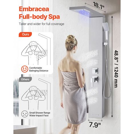 Colonne de douche avec pommeau de douche effet pluie, système de panneau de douchette mural LED en acier inoxydable brossé 1345 mm,… (1/5)