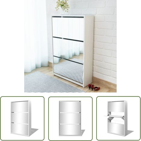 The Living Store Schuhschrank mit 3 Fächern Spiegel Weiß 63x17x102,5 cm - Spiegel-Schuhschrank - Schuhschrank Weiß - Flurmöbel - Schuhregal - Schuhorganisation (1/5)